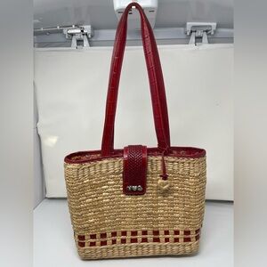 Brighton Straw Tote Bag with Red Leather Accents
